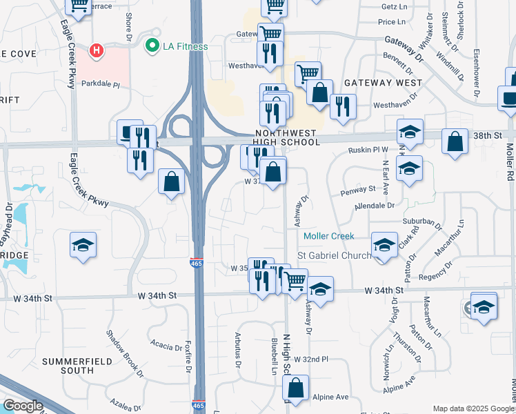 map of restaurants, bars, coffee shops, grocery stores, and more near 3636 Mission Drive in Indianapolis