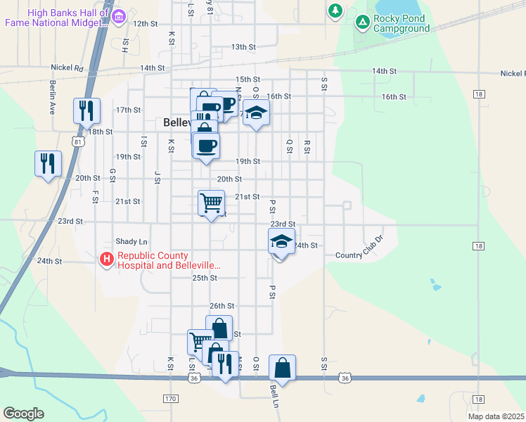 map of restaurants, bars, coffee shops, grocery stores, and more near 2200-2298 P Street in Belleville