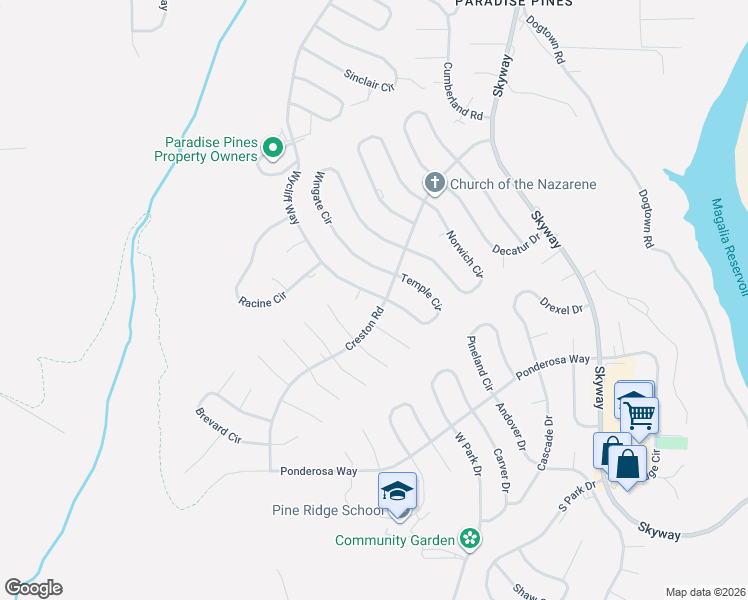 map of restaurants, bars, coffee shops, grocery stores, and more near 14053 Wycliff Way in Magalia