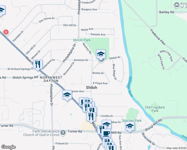 map of restaurants, bars, coffee shops, grocery stores, and more near 5560 Markey Road in Dayton