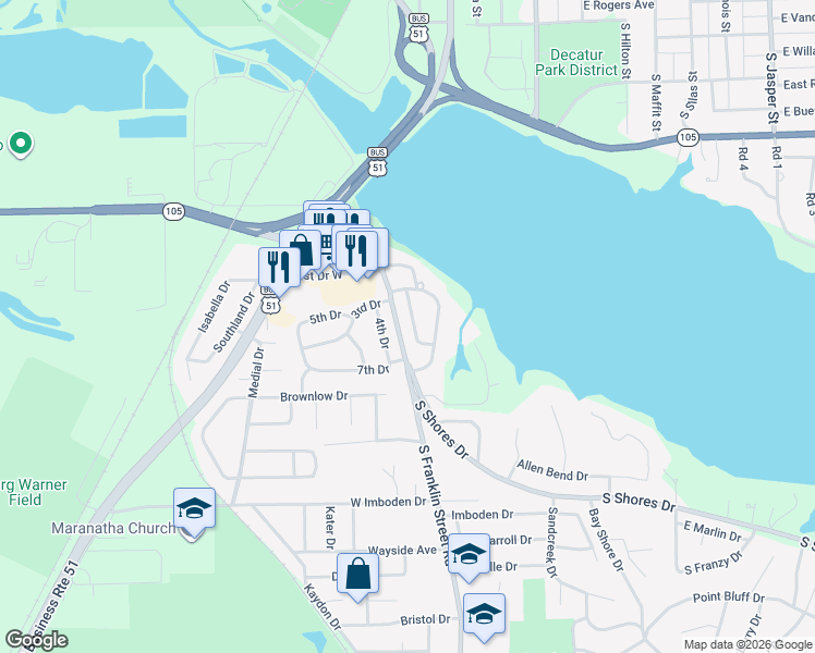 map of restaurants, bars, coffee shops, grocery stores, and more near 27 2nd South Shores Avenue in Decatur