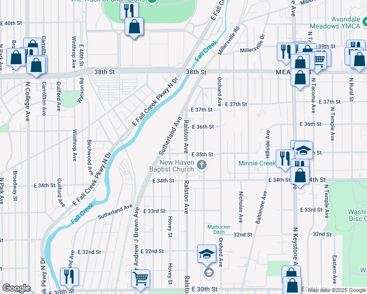 map of restaurants, bars, coffee shops, grocery stores, and more near 3508 Ralston Avenue in Indianapolis