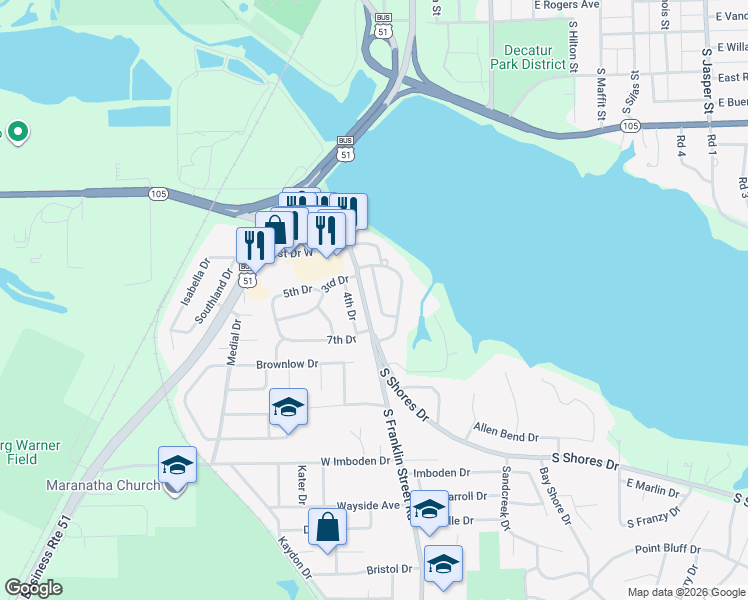 map of restaurants, bars, coffee shops, grocery stores, and more near 27 2nd South Shores Avenue in Decatur