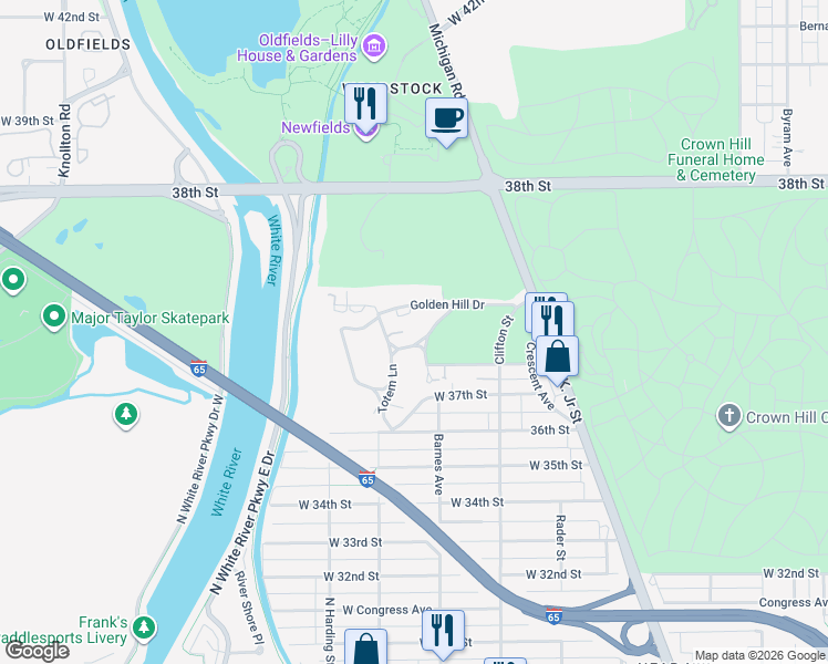 map of restaurants, bars, coffee shops, grocery stores, and more near 1210 Pickwick Place in Indianapolis