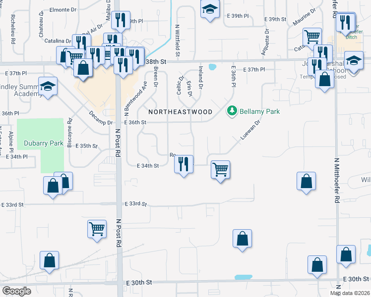 map of restaurants, bars, coffee shops, grocery stores, and more near 3478 Hermosa Court in Indianapolis