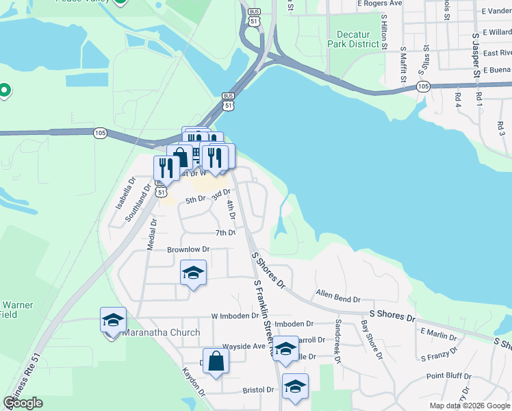 map of restaurants, bars, coffee shops, grocery stores, and more near 27 2nd South Shores Avenue in Decatur