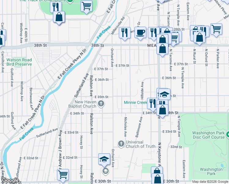 map of restaurants, bars, coffee shops, grocery stores, and more near 3520 Orchard Avenue in Indianapolis