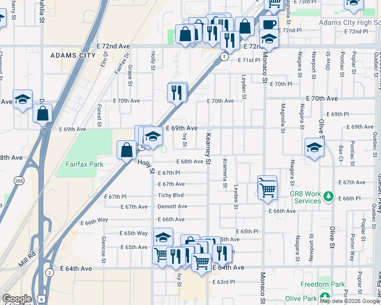 map of restaurants, bars, coffee shops, grocery stores, and more near 5860 East 68th Way in Commerce City