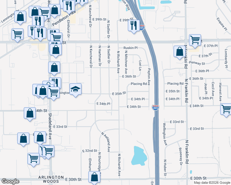 map of restaurants, bars, coffee shops, grocery stores, and more near 7420 East 35th Street in Indianapolis