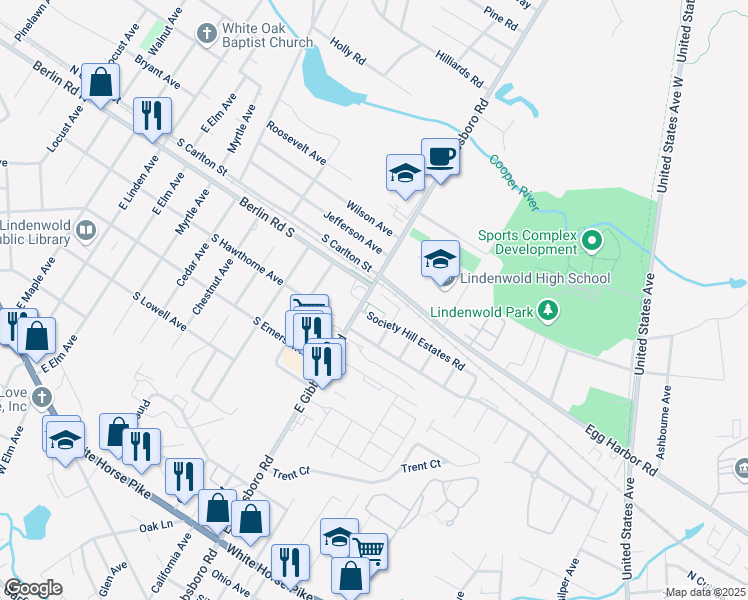 map of restaurants, bars, coffee shops, grocery stores, and more near 712 Arborwood in Lindenwold