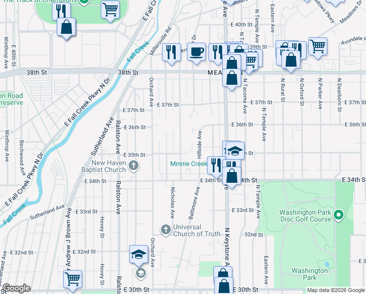 map of restaurants, bars, coffee shops, grocery stores, and more near 3517 Caroline Street in Indianapolis