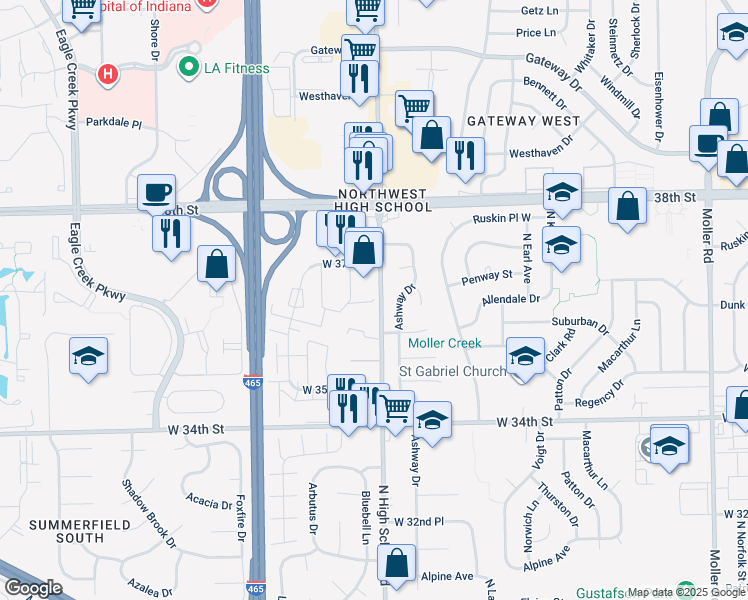 map of restaurants, bars, coffee shops, grocery stores, and more near 6301 Monarch Drive in Indianapolis