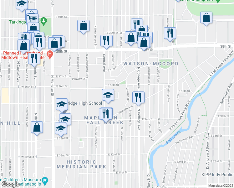 map of restaurants, bars, coffee shops, grocery stores, and more near 539 Central Court North in Indianapolis