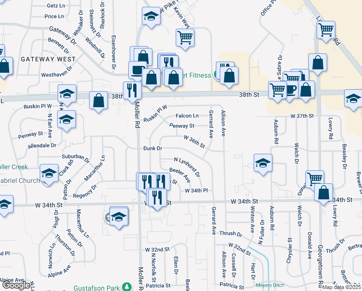map of restaurants, bars, coffee shops, grocery stores, and more near 5338 Dunk Drive in Indianapolis