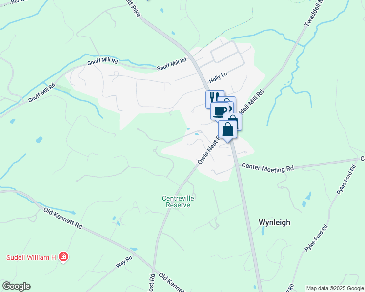 map of restaurants, bars, coffee shops, grocery stores, and more near 19 Owls Nest Road in Wilmington