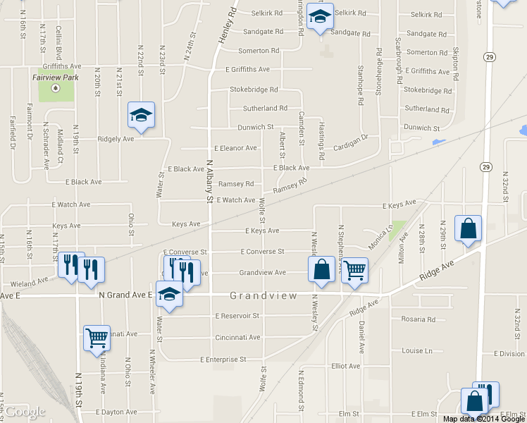 map of restaurants, bars, coffee shops, grocery stores, and more near 1628 Wolfe Street in Springfield