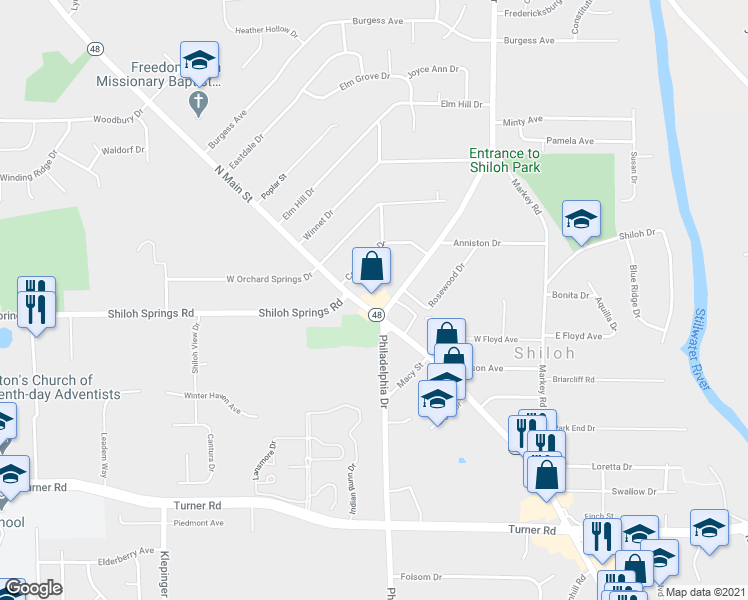 map of restaurants, bars, coffee shops, grocery stores, and more near 5812 North Main Street in Dayton
