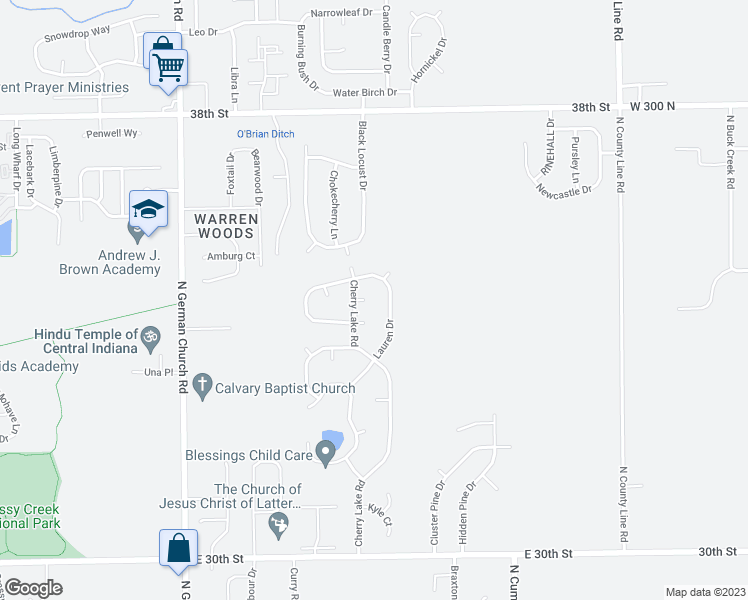 map of restaurants, bars, coffee shops, grocery stores, and more near 11413 Kristen Circle in Indianapolis