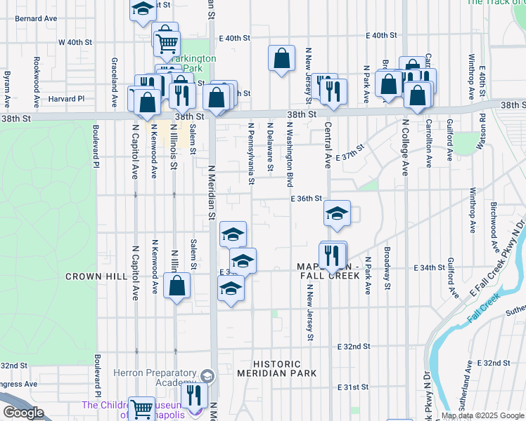 map of restaurants, bars, coffee shops, grocery stores, and more near 3543 North Pennsylvania Street in Indianapolis