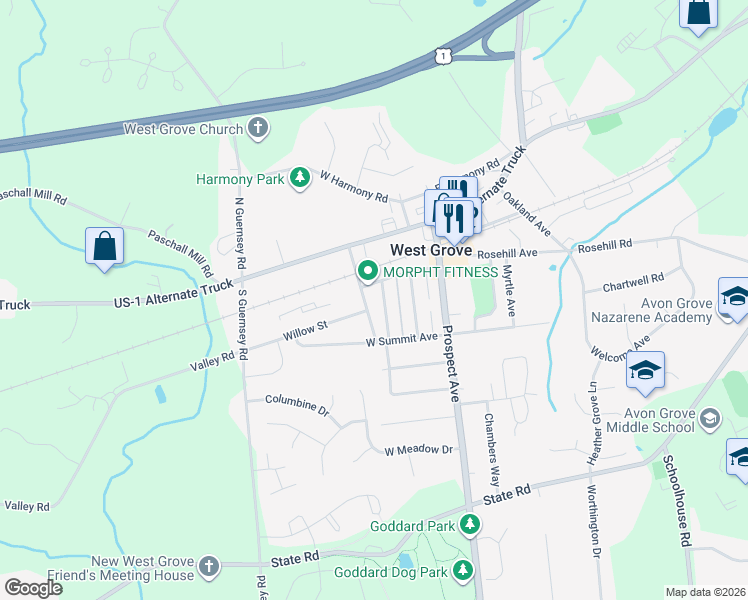 map of restaurants, bars, coffee shops, grocery stores, and more near 116 Murray Avenue in West Grove