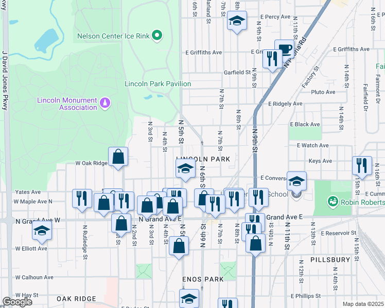 map of restaurants, bars, coffee shops, grocery stores, and more near 1500 North 5th Street in Springfield