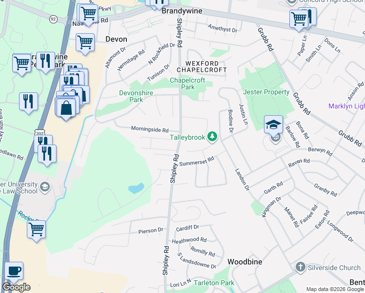 map of restaurants, bars, coffee shops, grocery stores, and more near 19 Brooklet Drive in Wilmington