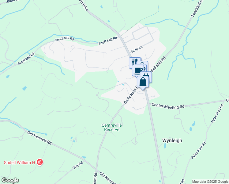 map of restaurants, bars, coffee shops, grocery stores, and more near 19 Owls Nest Road in Wilmington