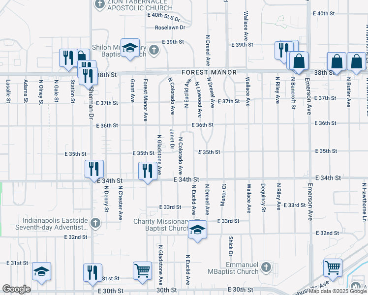 map of restaurants, bars, coffee shops, grocery stores, and more near 3502 North Euclid Avenue in Indianapolis
