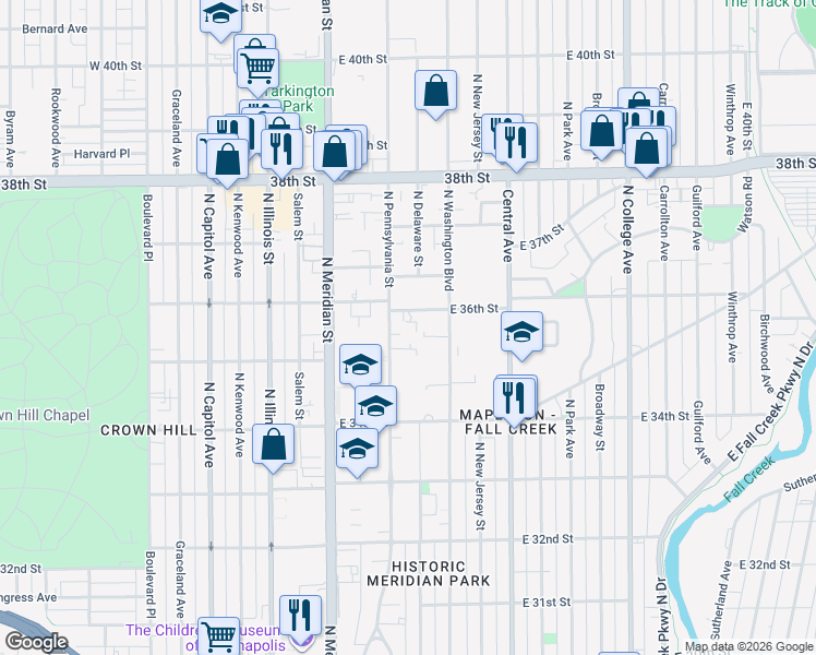 map of restaurants, bars, coffee shops, grocery stores, and more near 3543 North Pennsylvania Street in Indianapolis
