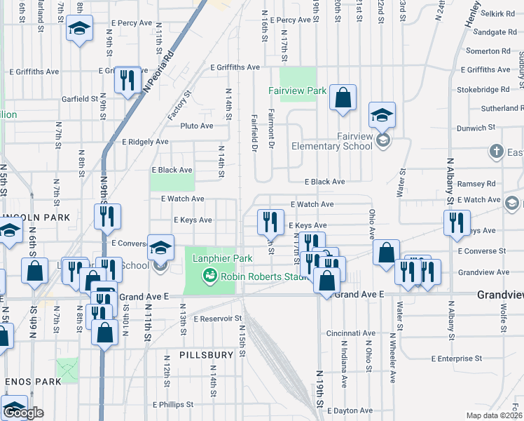 map of restaurants, bars, coffee shops, grocery stores, and more near 1700-1798 North 15th Street in Springfield