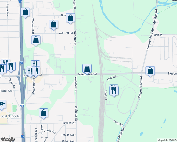 map of restaurants, bars, coffee shops, grocery stores, and more near 2915 Needmore Road in Dayton