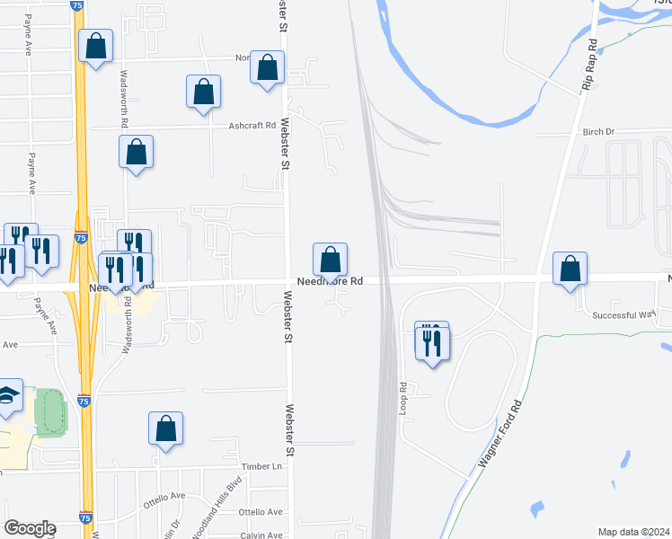 map of restaurants, bars, coffee shops, grocery stores, and more near 2915 Needmore Road in Dayton