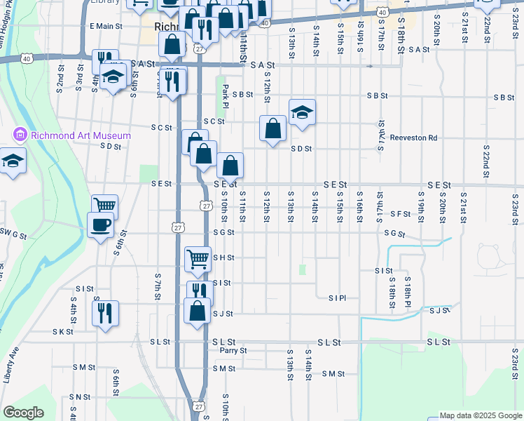 map of restaurants, bars, coffee shops, grocery stores, and more near 602 South 12th Street in Richmond