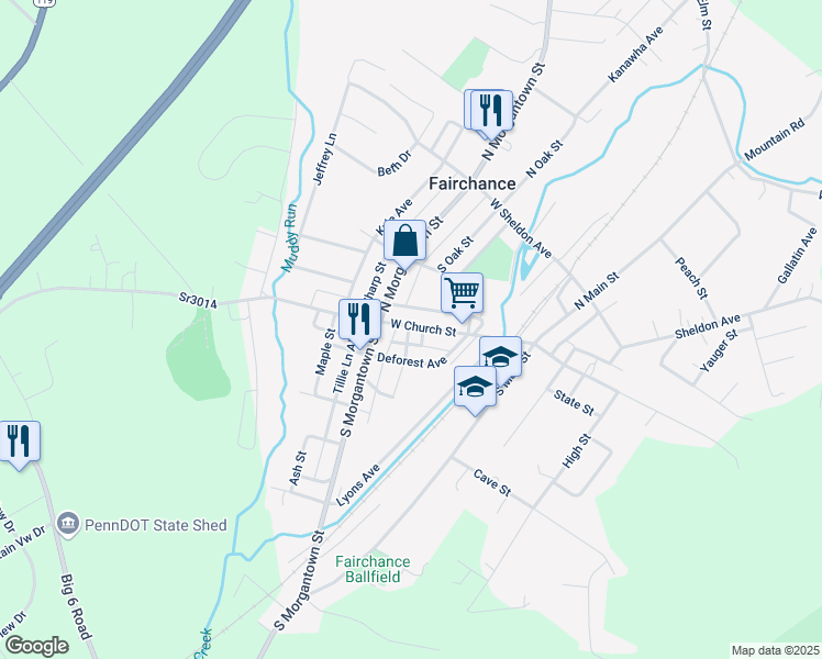 map of restaurants, bars, coffee shops, grocery stores, and more near 98 West Church Street in Smithfield