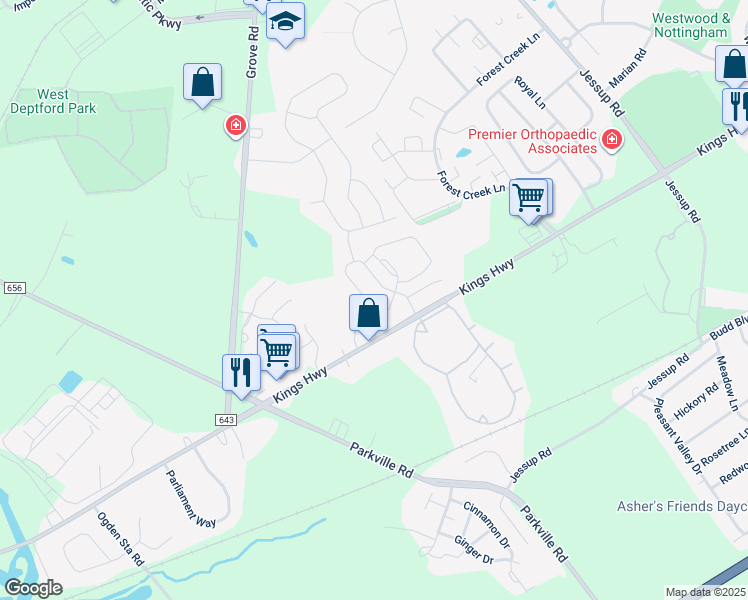 map of restaurants, bars, coffee shops, grocery stores, and more near 1044 Buckingham Drive in West Deptford