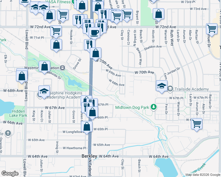 map of restaurants, bars, coffee shops, grocery stores, and more near 2698 West 68th Avenue in Westminster