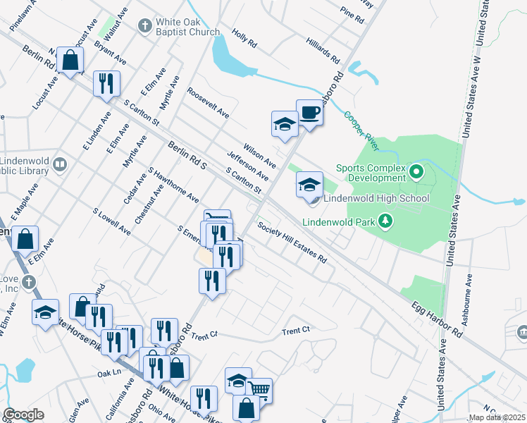 map of restaurants, bars, coffee shops, grocery stores, and more near 712 Arborwood in Lindenwold