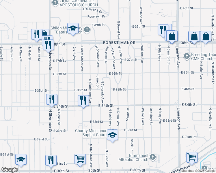 map of restaurants, bars, coffee shops, grocery stores, and more near 3502 North Euclid Avenue in Indianapolis