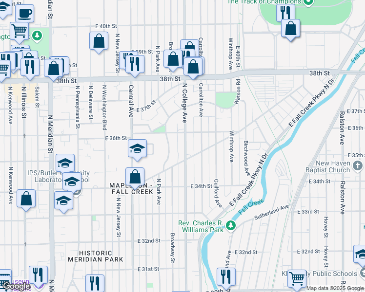 map of restaurants, bars, coffee shops, grocery stores, and more near 3534 North College Avenue in Indianapolis