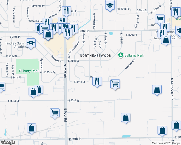 map of restaurants, bars, coffee shops, grocery stores, and more near 3447 North Wittfield Street in Indianapolis