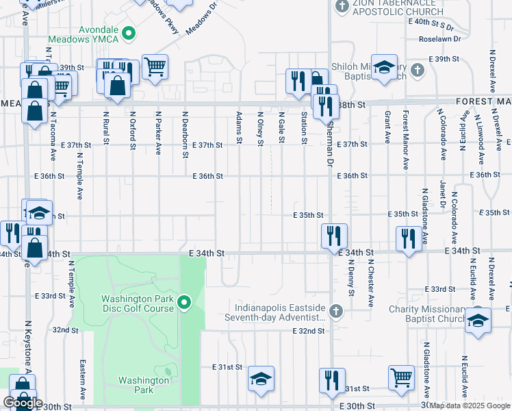 map of restaurants, bars, coffee shops, grocery stores, and more near 3514 North Olney Street in Indianapolis