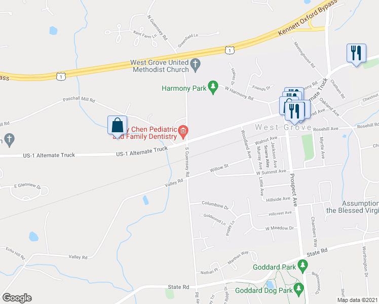 map of restaurants, bars, coffee shops, grocery stores, and more near 101 South Guernsey Road in West Grove