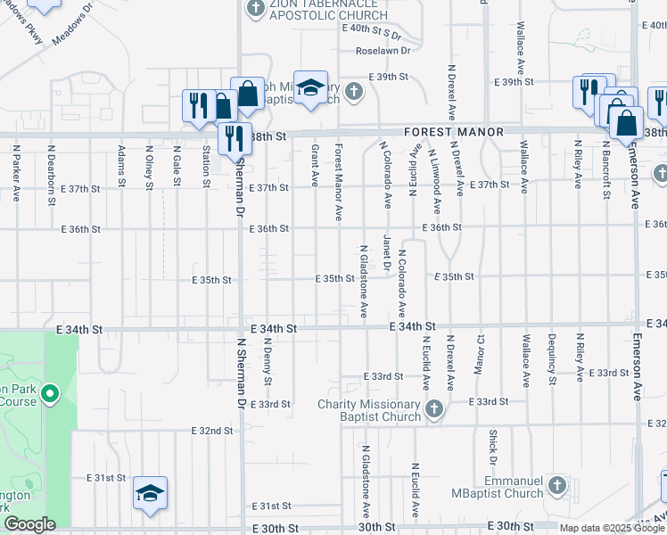 map of restaurants, bars, coffee shops, grocery stores, and more near 3510 Forest Manor Avenue in Indianapolis