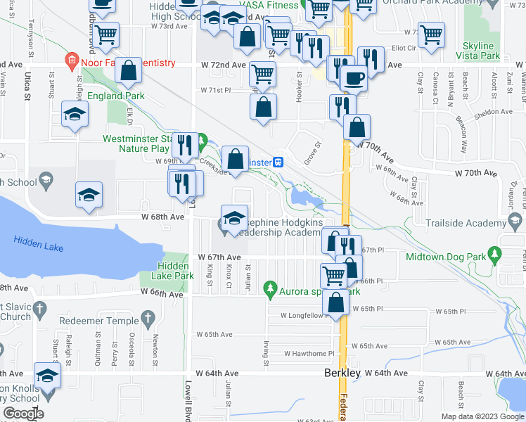 map of restaurants, bars, coffee shops, grocery stores, and more near 6805 Irving Street in Denver
