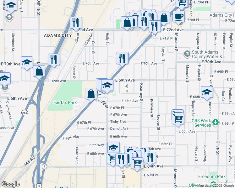 map of restaurants, bars, coffee shops, grocery stores, and more near 6831 Ivanhoe Street in Commerce City