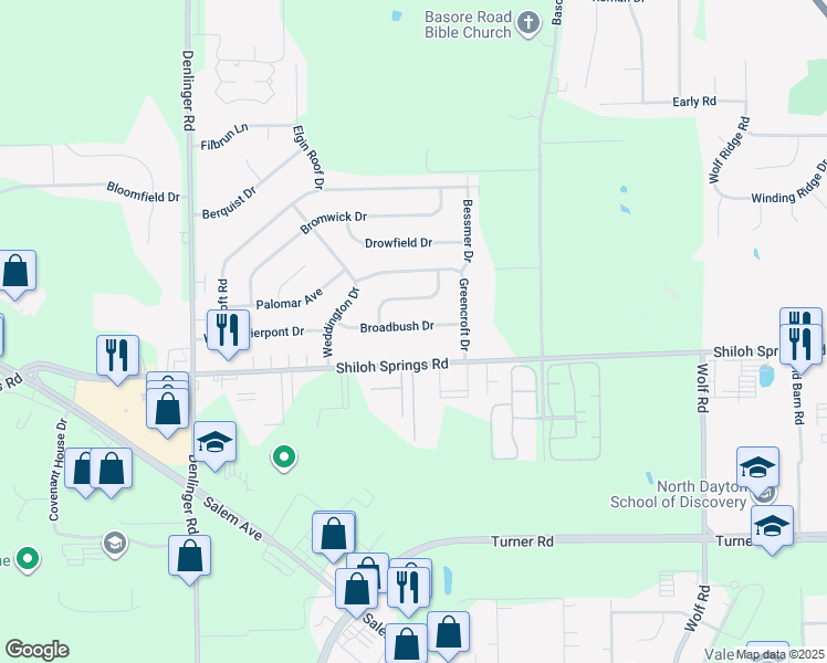 map of restaurants, bars, coffee shops, grocery stores, and more near 4436 Broadbush Drive in Trotwood