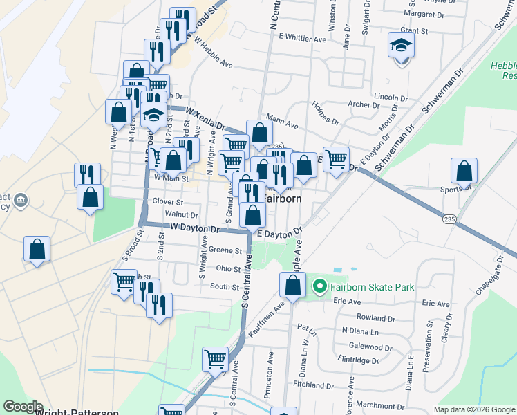 map of restaurants, bars, coffee shops, grocery stores, and more near 34 South Central Avenue in Fairborn