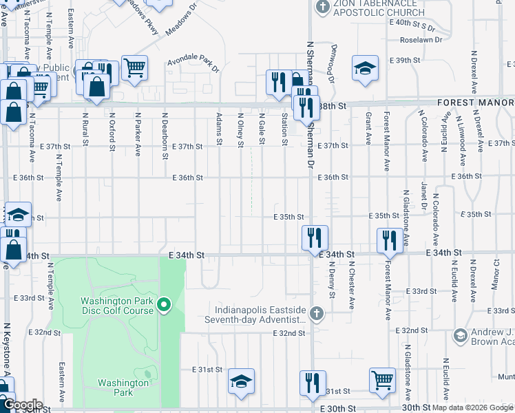 map of restaurants, bars, coffee shops, grocery stores, and more near 3514 North Gale Street in Indianapolis