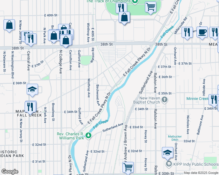 map of restaurants, bars, coffee shops, grocery stores, and more near 3496 East Fall Creek Parkway North Drive in Indianapolis