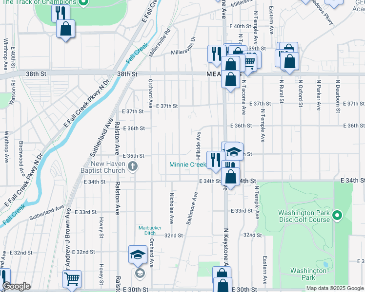 map of restaurants, bars, coffee shops, grocery stores, and more near 3517 Caroline Avenue in Indianapolis